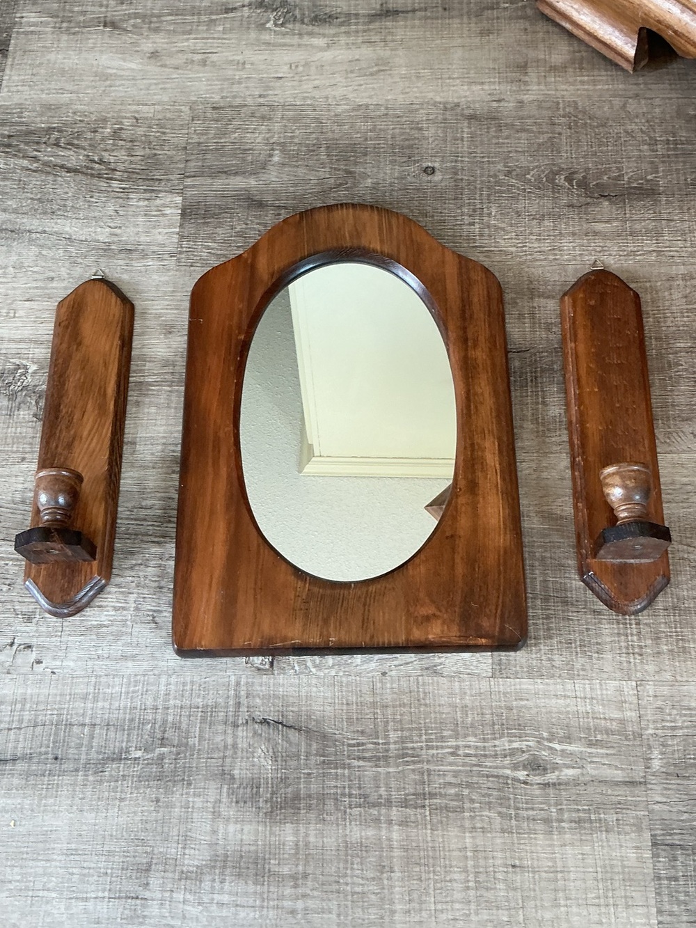 Wood-Framed Oval Wall Mirror with Matching Candle Sconces - Brown